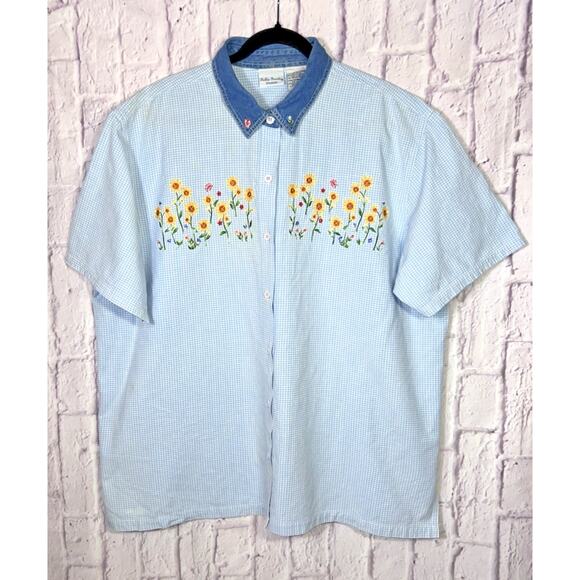 VTG Bobbie Brooks Embroidered Denim Checkered Shirt Collared Sunflowers 22-24W - Picture 1 of 11